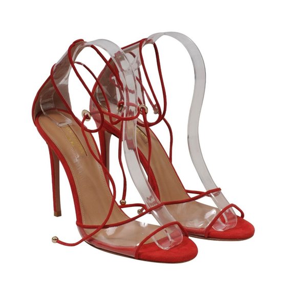 Aquazzura Womens Sandals US7.5 37.5 Red Suede Pvc Ankle Strap 105mm Heels - Picture 1 of 8